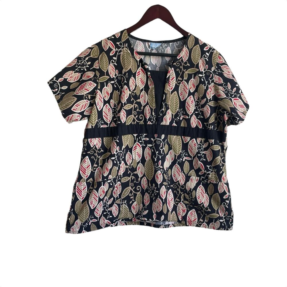 White Swan Women Scrub Top XL Foliage‎ Print Medical Uniform Nurse Workwear Fall